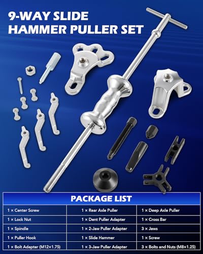 Orion Motor Tech Slide Hammer, 9-Way Internal/External Slide Hammer Puller Set - Pulls Hubs, Rear Wheel Axle Shafts, Bearings, Bushings, Seals, Retainers - color: black case