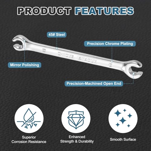 HARFINGTON 2 Pcs Flare Nut Wrench 6mm x 8mm Metric Double Open End Thick Spanner Mirror Polish Finish 45# Steel Brake Line Wrench For Fuel Tube Hose Transmission Line, Silver - size: 6mm x 8mm