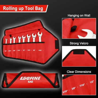 Egofine 8-Piece Ratcheting Wrench Set, Cr-V Steel SAE Wrench Set from 1/4" to 11/16", 72 Teeth Ratchet Wrench, 12 Point Open End & Box End Combination wrench set with Roll Up Pouch - size: SAE-8 piece set