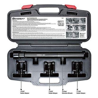 Powerbuilt Inner Tie Rod Remover Tool Kit – Fits Ford, GM, Chrysler Rack, and Pinion – Includes 1-5/16", 1-3/16", 1-7/16" Socket Adapters, Extension Bar, and Case – 648607 - size: 4 Piece