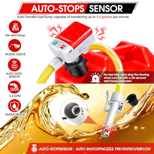 Fuel Transfer Pump with Auto-Stop,3.4GPM, USB & AA Battery Powered,30s Alert Beep,51"Hose Portable Fuel Pump with 4 Tank Adapter,Portable Liquid Pump with Nozzle for Gasoline,Diesel,Oil