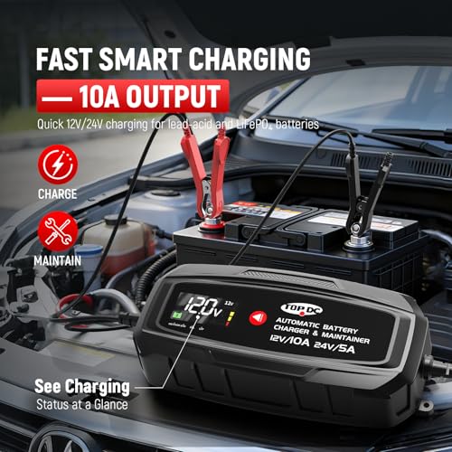 TOPDC 10A 12V/24V Smart Car Battery Charger, Maintainer and Power Supply | Smart 10A charging for 12V and 24V lead-acid and lithium batteries in cars, motorcycles, RVs and ATVs. - size: 10A