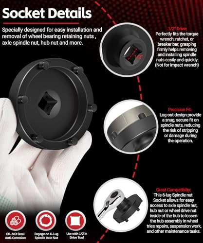 W83009 Heavy Duty 6 Lug Axle Nut Socket for Dodge Ram Trucks 1500-5500 Chasis D2, DC, DD, DH, DJ, DP, DR, DS, SR (2006-2014), Rear Axle Wheel Hub Nut Socket Wrench, Replace# 8954A, 8954, 5045