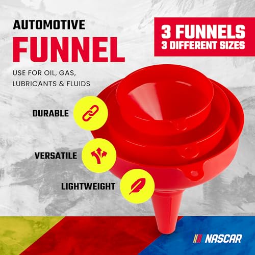 NASCAR Automotive Funnel Set – Oil, Gas & Fluid Funnels for Cars & Trucks, Durable, Lightweight, & Versatile, Includes 3 Sizes: Small, Medium, Large, Multi-Purpose Use for Oil Changes, Fuel, & More