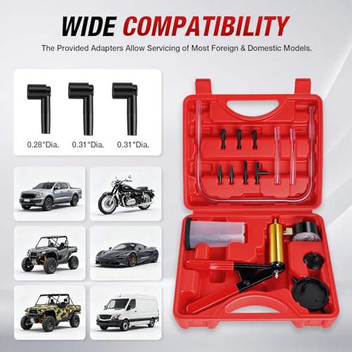 GaRhomxy Brake Bleeder Kit, Hand Vacuum Pump with Adapters & Pressure Gauge, One Man Automotive Brake Bleeding Tool Set for Car Motorcycle Truck Brake Fluid Maintenance (Red) - size: 15PCS