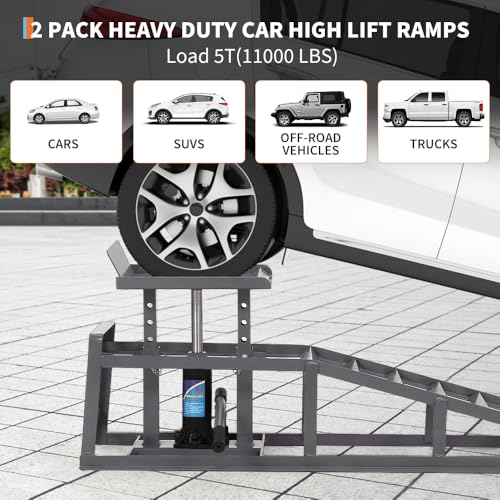 2PCS 5-Ton (11000 LBS) Capacity Hydraulic Service Ramps,Low Profile Car Lift Ramps with Adjustable Height 9.8" to 16.21",Heavy Duty Vehicle Auto for Oil Changes & Garage Maintenance,Grey