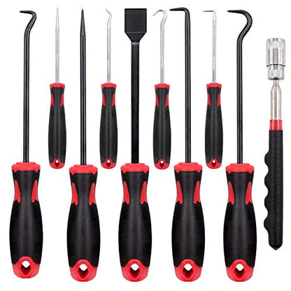10Pcs Precision Pick & Hook Set with Scraper and Magnetic Telescoping Tool Kit Mechanic Hook Picks Tools Set for Remove Automotive Electronics Maintenance Hoses Gasket Hand Pick Up Tools