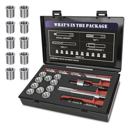 M12x1.5X16.2MM Thread Repair Kit with Insert HSS Drill, Tap, Counterbore, Installation Driver, Metric, 10PCS Stainless Steel Insert M12x1.5X16.2MM