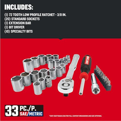 CRAFTSMAN Mechanics Tool Set, 33 Piece, 3/8 Inch Drive SAE/Metric (CMMT12113) (Pack of 4) - size: 3/8-Inch (Pack of 4), style: 33-Piece Set