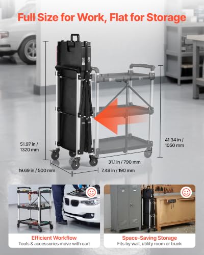 VEVOR 3 Shelf Heavy Duty Folding Jobsite Cart, 3 Tier Rolling Cart with Side Tool Holder & 360° Swivel Wheels (2 Brakes), 300 LBS Folding Utility Cart, Tool Storage for Garage Warehouse Workshop - size: 31.1 x 19.69 x 41.34 in