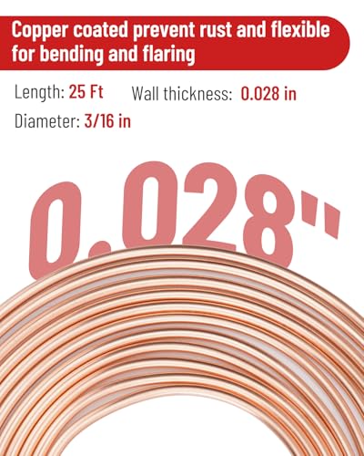 25 ft 3/16in Copper Coated Brake Line Flaring Tool Kit, Includes 3-in-1 Tube Bender, Double & Single Flaring Tool Set, 1 Tube Cutter, 2 Threads Unions, 20 Fittings - color: 3/16 in Copper Coated