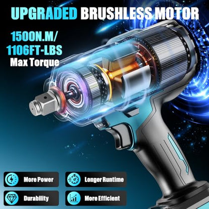 1/2" High Torque Impact Wrench, 1500N.m 1106FT-LB Brushless Cordless Impact Gun, 3-Speed Reverse Auto-Stop Electric Impact Driver with LED Light, 2×4.0Ah Battery for Auto Repair & Heavy-Duty Work