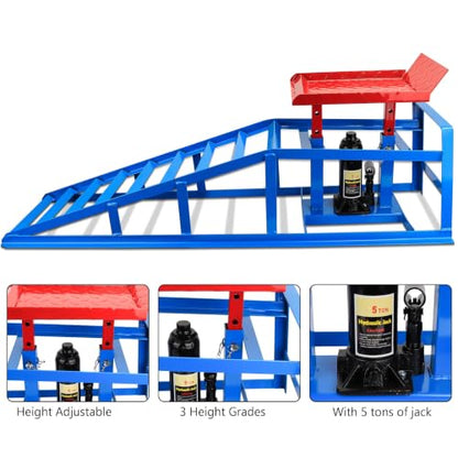 Car Ramps for Oil Changes Vehicle Ramps for Garage 2 Ton (4500 lb) Lifting Capacity, Nestable & Portable Auto Service Ramp （Red Blue） - color: Red Blue