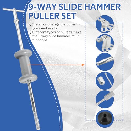 DASBET 9-Way Slide Hammer Puller Set | 19PCS Front Wheel Hub Bearing Remover & Rear Wheel Axle Hub Dent Shaft Puller Tool Kit, Dent Hub Gear Puller Remover Set