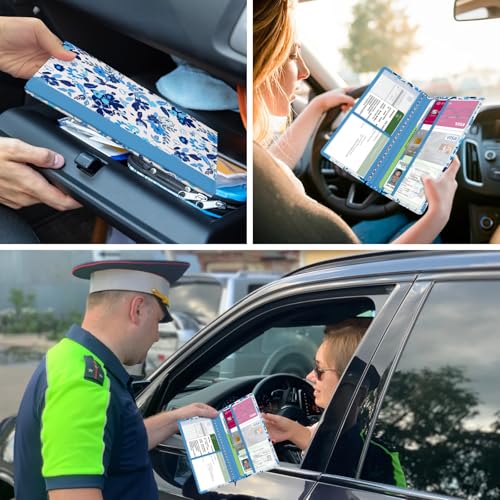Car Registration and Insurance Holder, with Magnetic Closure for License, Cards and Documents, All Vehicle Needs and Car Accessories (Flower-Blue) - color: Flower-Blue