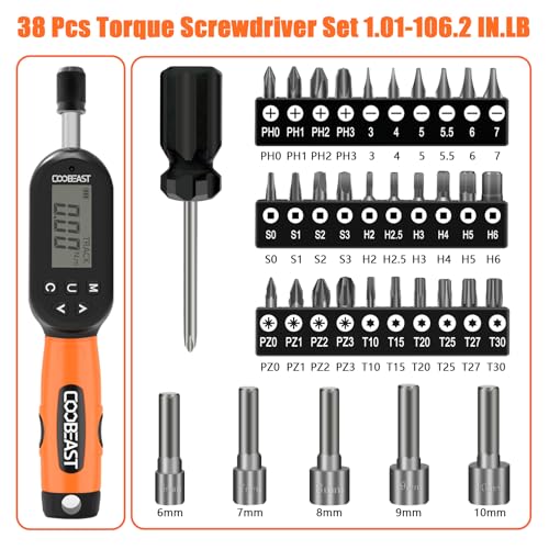 coobeast 38pcs Torque Screwdriver 1.01-106.2 in-lbs/0.11-12 Nm, 1/4 inch Drive Electronic Digital Torque Wrench Set Vibration with Buzzer/LED Notification for Gunsmithing, Scope Mounting