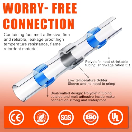 120PCS Solder Seal Wire Connectors Heat Shrink Butt Connectors Kit | Waterproof Heat Shrink Electrical Terminals, Insulated Solderless Wiring Splice Connectors for Marine, Automotive Boat Truck