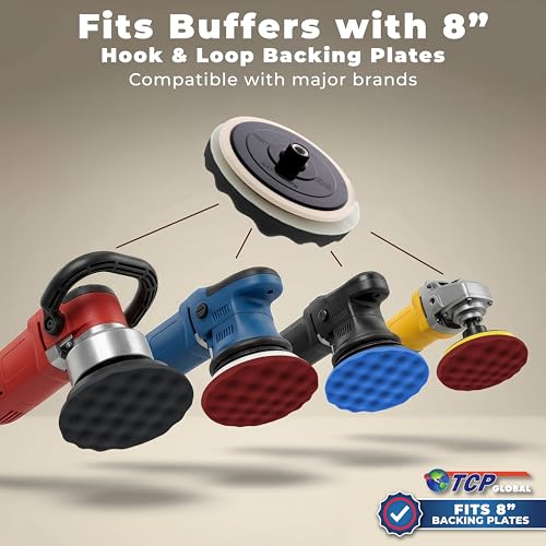 TCP Global Professional 3 Pad Buffing and Polishing Kit with 8 Inch Waffle Foam Pads for Car Detailing - Complete Polisher Buffing Pad Set with 5/8" Threaded Backing Plate