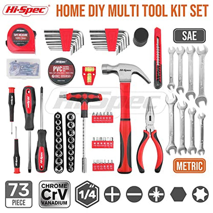 Hi-Spec 73pc Home and Garage Tool Kit Set. Essential Household and Auto Repair Tools. Includes Pliers, Sockets, Wrenches and a Hex Key Set in a Toolbox Carry Case - size: SAE and Metric_73 PCS