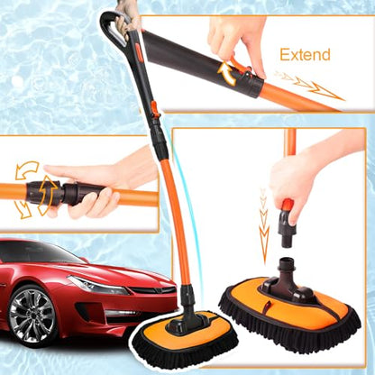 Car Wash Brush with Long Handle, Chenille Microfiber Car Wash Mop Kit, Scratch Free Car Cleaning Supplies with Ergonomic 15掳 Curved Extension Pole for RV Truck Boat Windshield - Orange - color: Orange
