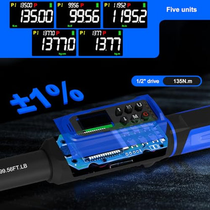 1/2" Digital Torque Wrench 1.5-99.56 Ft-lb (2-135 Nm) with 3/8" Adapter, Electronic Inch Pound Torque Wrench 3/8", 5 Units ±1% Accuracy with Buzzer & LED Alerts for Car Bike Moto - size: 1/2" 1.5-99.56 FT.LB