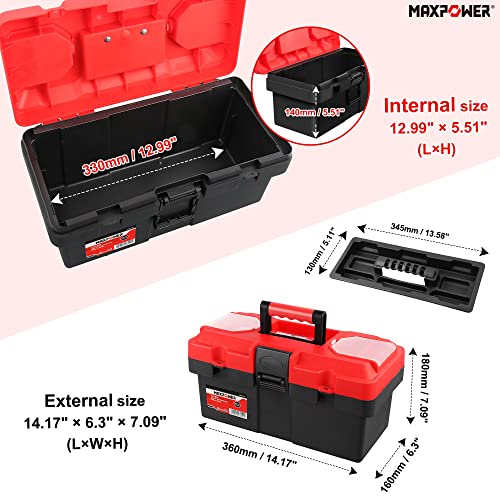 MAXPOWER Small Tool Box, 14-inch Plastic Tool Boxes with Handle | Removable Tray with Dual Lock Secured, Red Toolbox for Home - size: 14”, style: 14" red