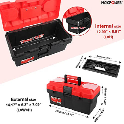 MAXPOWER Small Tool Box, 14-inch Plastic Tool Boxes with Handle | Removable Tray with Dual Lock Secured, Red Toolbox for Home - size: 14”, style: 14" red