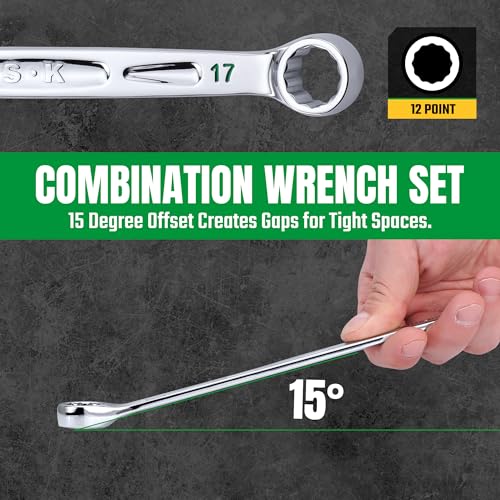 SK Combination Wrench Set, Metric 8 to 19mm, 12-Piece, SuperKrome Finish, Premium CR-V Construction, with Rolling Pouch - size: Metric