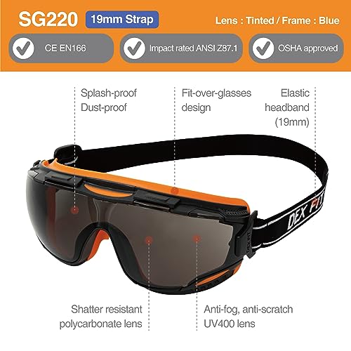 DEX FIT Safety Goggles SG220, Wide-Vision Lab & Chemical Splash Eye Protection, Anti-Fog & Scratch Resistant, Soft Seal, Z87.1 Approved; Black/Orange, Smoke Tinted Lens, 19mm Strap, 1 PC - color: Black/Orange - Smoke - 19mm