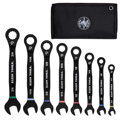 KLEIN TOOLS 69408G Ratcheting Combination Wrench Set, SAE, 8-Piece, 5/16 to 3/4-Inch, Steel Alloy, Foam Pouch, 90-Tooth