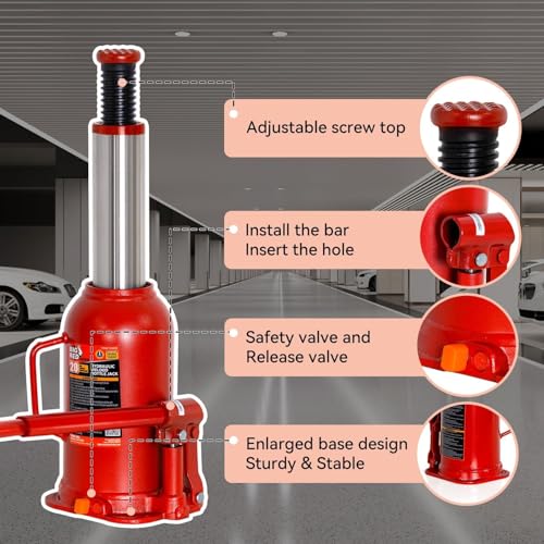 20 Ton Hydraulic Bottle Jack, 40,000 LBS Heavy Duty Welded Steel Auto Lift Jack with Adjustable Height, Overload Protection, Leak-Free Pump, for Truck, RV, Industrial and Garage Use, Red - color: Red