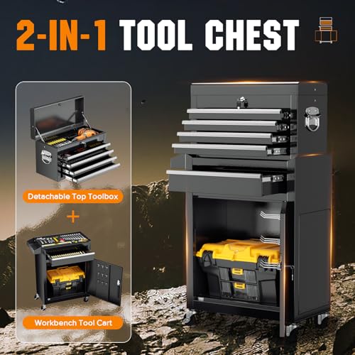 Oakcloud Heavy-Duty 5-Drawer Rolling Tool Chest & Cabinet Combo with Black Liner – Lockable Steel Garage Tool Box on Wheels – Detachable Top Toolbox & Bottom Storage Cart with Side Hooks, Black - color: Black, size: 5-drawer