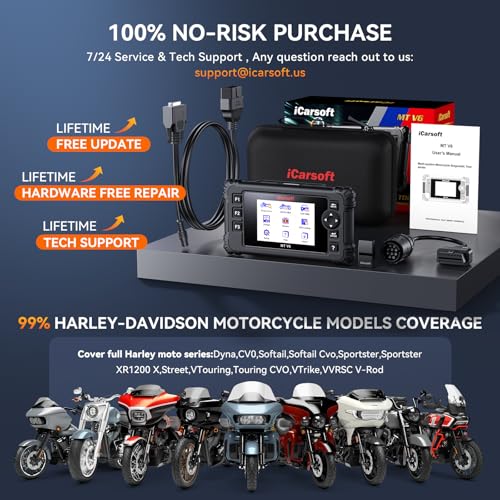 iCarsoft MT V6 Motorcycle Diagnostic Scan Tool for Harley, 57 Reset Services, 43 Actuation Test, Battery Test, All Motorbike System Diagnose, Read/Clear Codes, Live Data,Also Car OBD2 Diagnose