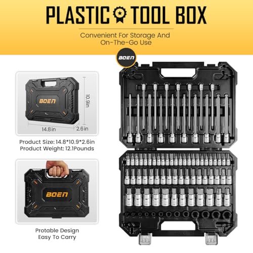 BOEN 84-Piece Master SAE/Metric Allen and Torx Bit Socket Set | 1/4″, 3/8″, 1/2″ Drive | Includes Ball End Hex & E-Torx Sockets | S2 & CR-V Steel
