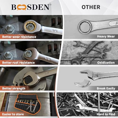 BOOSDEN 9-Piece Ratcheting Wrench Set, High-Carbon Steel Ratcheting Wrenches Set with Roll-Up Pouch, SAE 1/4-3/4" Combination Ratchet Wrench for Auto Repair, Mechanical, Household, Garage, Boat