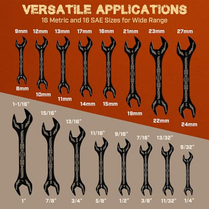 IRONCUBE Super Thin Wrench Set For Bike: 16-Piece SAE & Metric - Stainless Steel - Rust Resistant - For Tight Spaces.