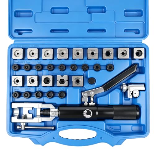 Hydraulic Flaring Tool Kit Universal Brake Line Flaring Tool Set for 45° Single Double Flare ISO Bubble GM Fuel line Push Connect Flare on 304 Stainless Steel/Steel and Soft Metal tubing