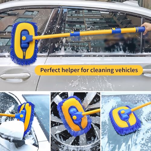 5PCS Car Wash Brush with Long Handle, 15°Curved Car Cleaning Brush with Replaceable Head Cover, Truck Washing Brushwith Telescopic Handle Wash Mop Kit (Blue) - color: Blue