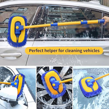 5PCS Car Wash Brush with Long Handle, 15°Curved Car Cleaning Brush with Replaceable Head Cover, Truck Washing Brushwith Telescopic Handle Wash Mop Kit (Blue) - color: Blue