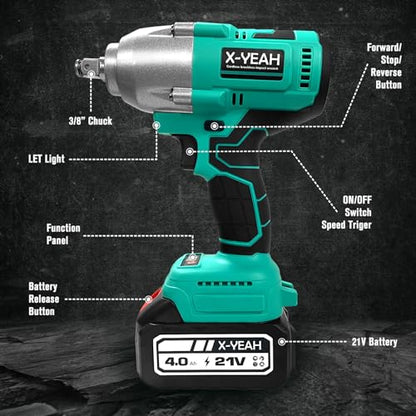 Impact Wrench - 1/2" Impact Gun, Power Impact Driver Max Torque 406 Ft-lbs(550N.m), Cordless Impact Wrench with 21V 4.0Ah Li-ion Battery & Charger,4 PCS Impact Sockets