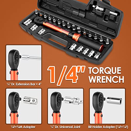1/4 Inch Drive Click Torque Wrench, 27 PCS Bike Torque Wrench Set Double Scale (1-25Nm/8.9-221.3lb.in), 0.1Nm High Precision with Bit Sockets, 3/8 Adapter, Extension Bar, for Bicycle Maintenance - size: 1/4-inch (27pcs, 1-25 nm/8.9-221.3 lb.in)