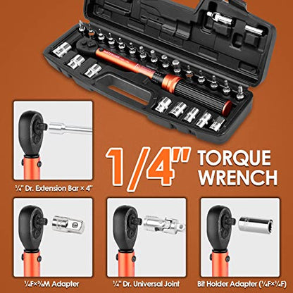 1/4 Inch Drive Click Torque Wrench, 27 PCS Bike Torque Wrench Set Double Scale (1-25Nm/8.9-221.3lb.in), 0.1Nm High Precision with Bit Sockets, 3/8 Adapter, Extension Bar, for Bicycle Maintenance - size: 1/4-inch (27pcs, 1-25 nm/8.9-221.3 lb.in)