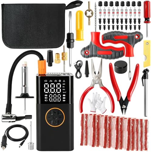 Flat Tire Repair Kit, 78PCS Tire Plug Kit with Portable Air Compressor, Tire Patch Kit with Tire Plug & Rubber Nail Solutions, Tire Puncture Repair Kit for Car, Motorcycle, ATV, SUV, Truck, Tractor - color: 86pcs