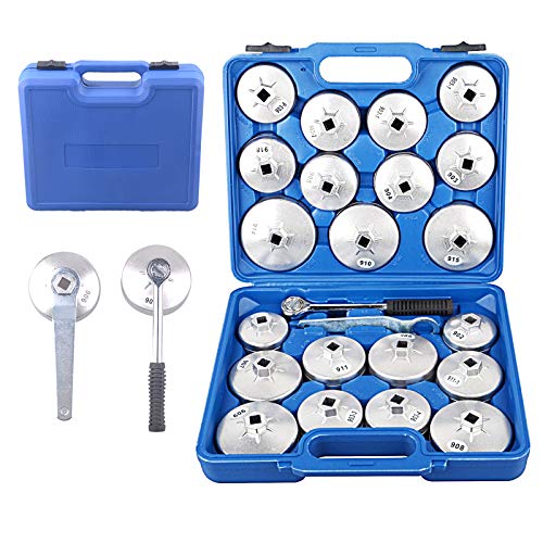 DAYUAN 23Pcs Aluminum Alloy Cup Type Oil Filter Cap Wrench Socket Set | 1/2" Square Drive，Socket-Style Grip，Aluminum Alloy，Ratchet & Ring Spanner Included，Storage Case