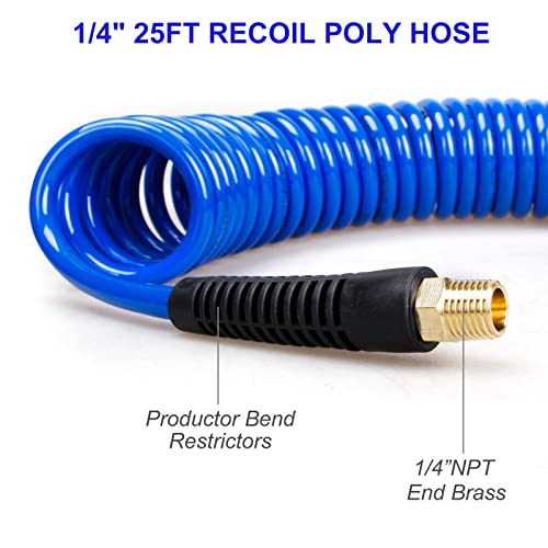 16 Pieces Heavy Duty Air Compressor Accessory Kit, 1/4 inch 25ft Recoil Poly Air Compressor Hose Kit, 100PSI Tire Inflator Gauge, Blow Gun and Nozzles, 1/4" NPT Air Coupler and Plug Kit