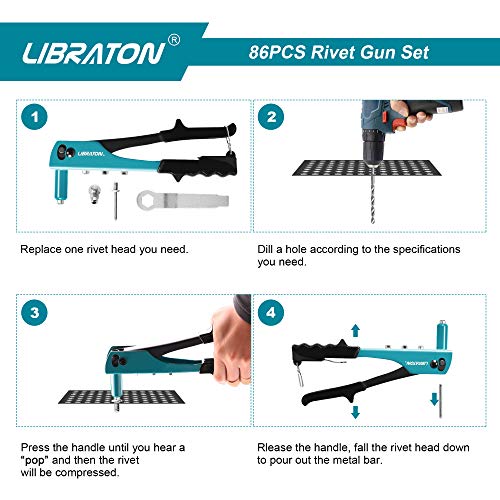 Rivet Gun, Rivet Gun Kit, Pop Rivet Gun, 80PCs Metal Rivets and 4 Drill Bits, Heavy Duty Hand Riveter, Rivet Gun Tool for Metal, Automotive, Blind Rivets 3/32" 1/8" 5/32" 3/16" - size: Pop Rivet Gun