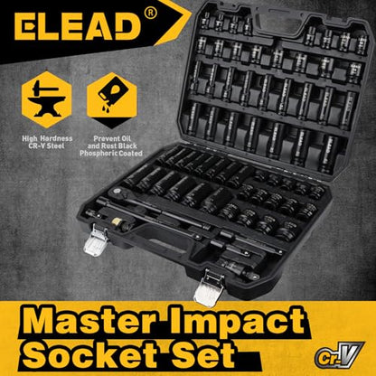 ELEAD 67 Piece 1/2" Drive Deep Impact Socket Set: Standard SAE (3/8"-1-1/4") & Metric (8-24 mm), Including 3 ", 5", 10" Extension Bar, Universal Joint, Ratchet Handle and Adapter - style: 67pcs 1/2'' Drive Impact Socket Set