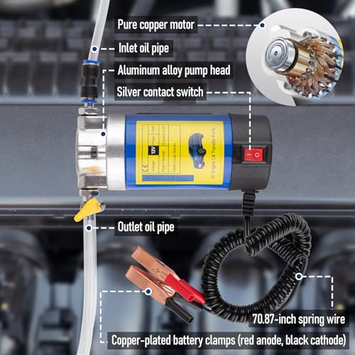 Oil Extractor Pump 12V 100W, Ultra-Quiet Fluid Transfer Pump for Engine Oil, Transmission Fluid, Gear Oil Change - Self-Priming Oil Change Pump for Car, Boat, Motorcycle, Mower, RV (3 Hoses+Adapters)