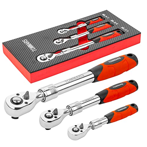 TOMMARS Extendable Ratchet Set 1/4", 3/8", 1/2" Socket Wrench Hand Tool Kit | Mechanic Hand Tool Set, Telescoping Design, 72 Tooth 5-degree swing arc, Quick Release, Reversible - size: 1/4", 3/8", 1/2" Drive, style: Extendable Ratchet Set