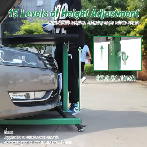 Adjustable Height Mobile Work Table, Foldable Table with Heavy Duty Steel, Rolling Tool Cart with Brakes for Garage Repair Shops DIY